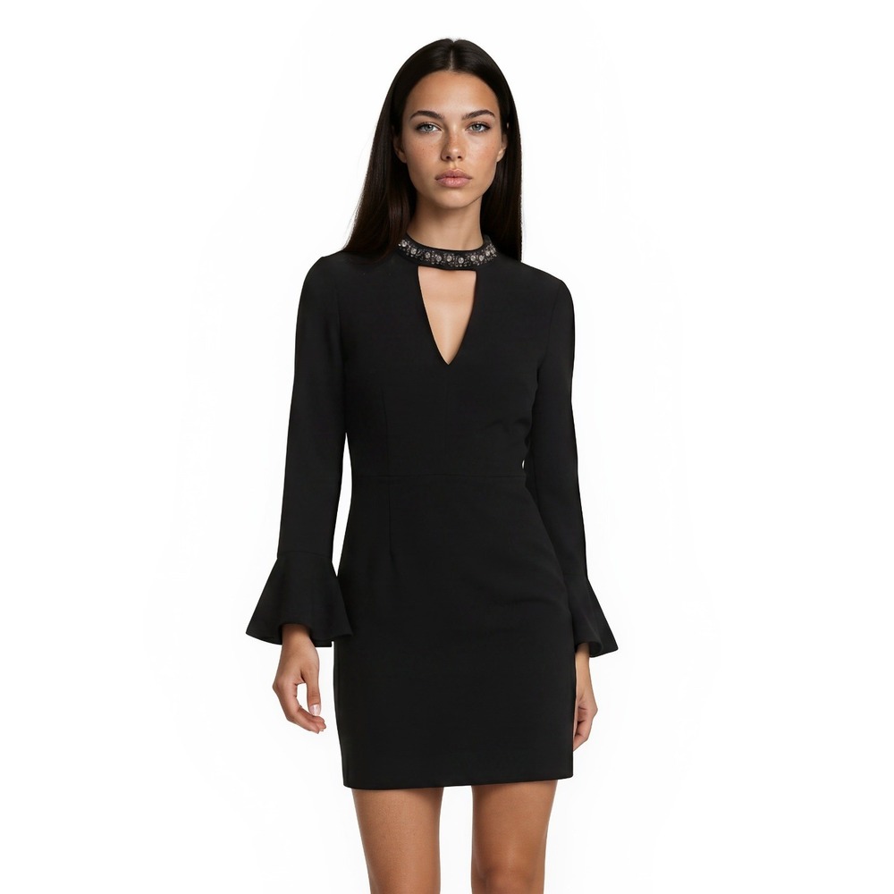New Vince Camuto Cocktail Dress Women's Size 10 Black Beaded Choker Bell Sleeve
